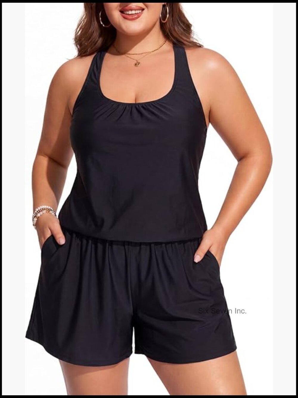 Plus Size Swim Romper with Pockets One Piece Bathing Suit Modest Swim Shorts